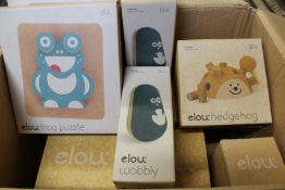 Ten boxed as new Elou cork toys to include frog puzzle, wobbly, hedgehog and ladybug.