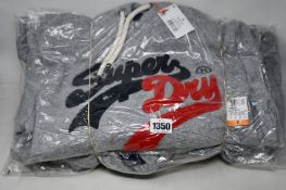 Four as new Superdry VL Source hoodies in grey (S, M, L, XL).