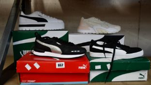 Four pairs of as new Puma trainers; women's Hedra Minimal (UK 5.5), women's Mayze (UK 7), R78