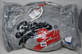 Four as new Superdry VL Source hoodies in grey (M, L, XL, 2XL).