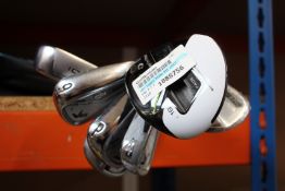A quantity of pre-owned golf clubs to include; a TaylowMade M1 hybrid, three Wilson Staff V6