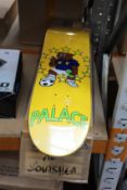 Three as new Palace Bulldog skateboard decks and two as new Palace Eine Stein skateboard decks.