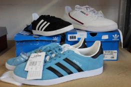 Three pairs of as new Adidas trainers; Continental Vegan (UK9), Gazelle Suede (UK 6) and Gazelle (UK