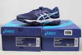 Two pairs of women's as new Asics Gel-Ziruss 3 trainers (UK 3.5, 7.5).