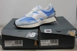 Two pairs of as new New Balance 327 trainers (UK 8.5, 9).