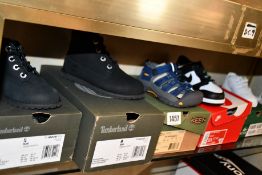 Six pairs of children's/infants assorted footwear to include Nike, Keen, Timberland and Lacoste.