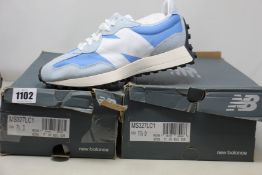 Two pairs of as new New Balance 327 trainers (UK 7, 11).