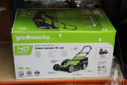 A boxed as new Green Works 41cm cordless lawn mower.