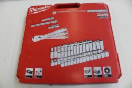 A cased as new Milwaukee 56-piece metric and Imperial ratchet and socket set.