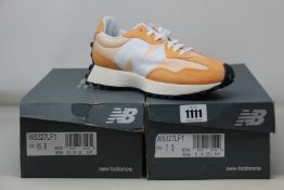 Two pairs of as new New Balance 327 trainers (UK 4.5, 5).
