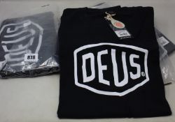 Six as new Deus Ex Machina Shield T-shirts in black (S, M, L, XL, XXL, XXXL - RRP £32 each).