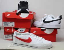 Three pairs of as new Nike trainers; Court Legacy (UK 9), Court Borough 2 (UK 5) and Wearallday (