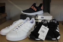 Three pairs of as new Adidas trainers; Swift Run X (UK 5, unboxed), Grand Court (UK 8.5, unboxed)