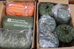 Ten Mountain Warehouse Basecamp 200 (Green) and one Basecamp 250 Square (Orange) sleeping bags.