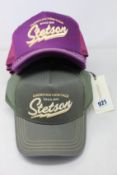 Six as new Stetson Heritage baseball caps in green together with four in purple (RRP £33 each).