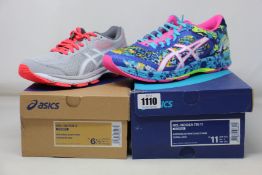 Two pairs of women's as new Asics trainers; Gel-Noosa Tri 11 (UK 9) and Gel-Glyde 2 (UK 4.5).