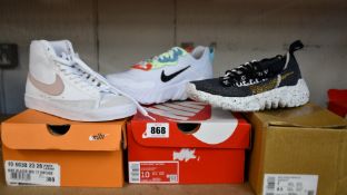 Three pairs of as new Nike trainers; Space Hippie 01 (UK 6), women's React Art3mis (UK 7.5) and