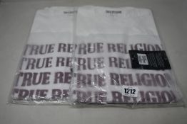 Four as new True Religion Descending Arch white T-shirts (M) and a Box Foil crew sweatshirt (L).