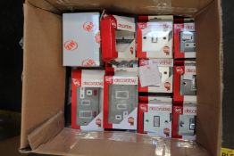 A large quantity of assorted as new M2 Decorative sockets to include Cooker Control Units, Stainless