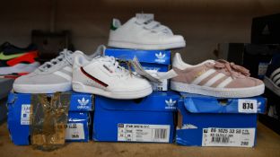 Eight pairs of children's/youths assorted as new Adidas trainers (Assorted sizes, some unboxed).