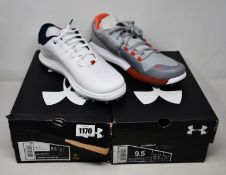 Two pairs of as new Under Armour golf shoes; Draw Forge SL E (UK 8.5) and Hovr Forge RC SL (UK 8.
