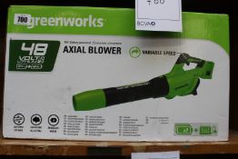 An as new GreenWorks Axial Blower, charger and two batteries included.