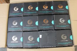 Twenty four Coffee Gator stainless steel coffee canisters with measuring scoop.