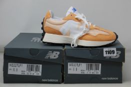 Two pairs of as new New Balance 327 trainers (UK 3.5, 4).