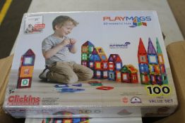 Four boxed as new Clickins Playmags 3D 100 piece magnetic tile sets.