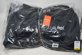 Three as new Superdry Vintage Logo embroidered hoodies in black (2 x M, 1 x XL).