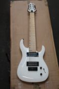 A Harley Benton 8-string electric guitar in White (Minor damage on the guitar, one string is