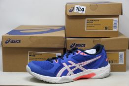 Three pairs of women's as new Asics Gel-Rocket 10 trainers (UK 7, 9, 10.5).
