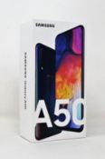A boxed as new Samsung Galaxy A50 (SM-A505GN/DS) 128GB in Black (Box sealed. Two pin plug