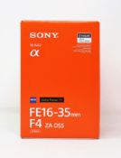 A boxed as new Sony Vario-Tessar T* FE 16-35mm f/4 ZA OSS Lens for 35mm Full Frame E Mount