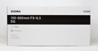 A boxed as new Sigma 150-600mm f5-6.3 Contemporary DG OS HSM Lens for Canon.