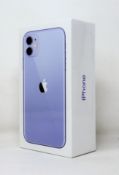 A boxed as new Apple iPhone 11 (A2221, Global) 128GB in Purple (Box sealed. Some packaging text in
