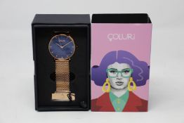 A women's as new Coluri Kahlo watch in navy (RRP £139).