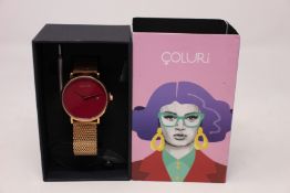 A women's as new Coluri Pankhurst watch in scarlet (RRP £139).