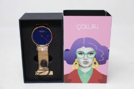 A women's as new Coluri Kahlo watch in navy (RRP £139).