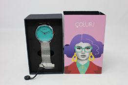 A women's as new Coluri Kahlo watch in turquoise (RRP £139).