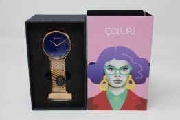 A women's as new Coluri Kahlo watch in navy (RRP £139).