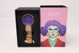 A women's as new Coluri Kahlo watch in violet (RRP £139).
