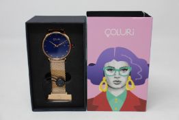 A women's as new Coluri Kahlo watch in navy (RRP £139).
