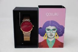 A women's as new Coluri Pankhurst watch in scarlet (RRP £139).