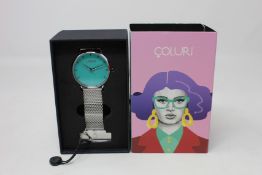 A women's as new Coluri Kahlo watch in turquoise (RRP £139).