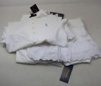 Seven girls as new Ralph Lauren polo dresses in white (Sizes 4T, 6, 6X, 7, 8-10, 12-14, 16).