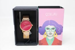 A women's as new Coluri Pankhurst watch in scarlet (RRP £139).