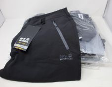Six pairs of men's as new Jack Wolfskin Activate XT trousers (Sizes 2 x 25, 2 x 26, 2 x 27).