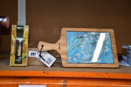 Six Van Gogh's Almond Blossom Cheese Boards and twelve Van Gogh's Sunflowers Mini Cheese Slicers,