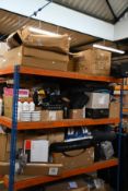 A large quantity of sports equipment and related items (Three shelves).